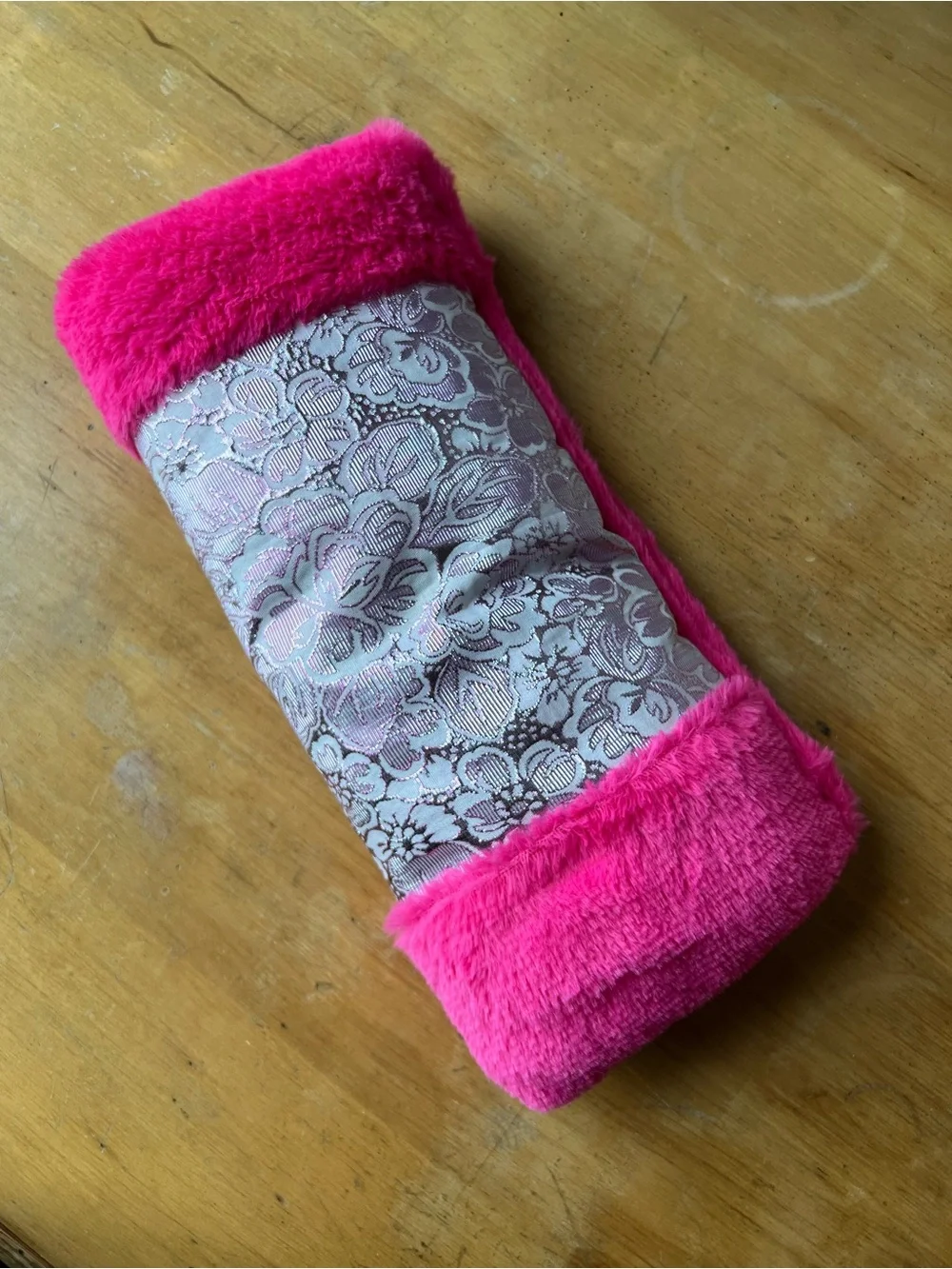 Vintage Hot Pink Faux Fur & Floral Brocade Winter Hand Muff